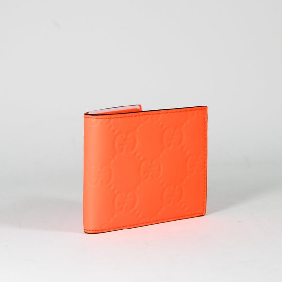 Gucci Super Mini Bi-Fold Wallet in Fluorescent Orange GG Rubber-Effect Leather - Picture 3 of 9